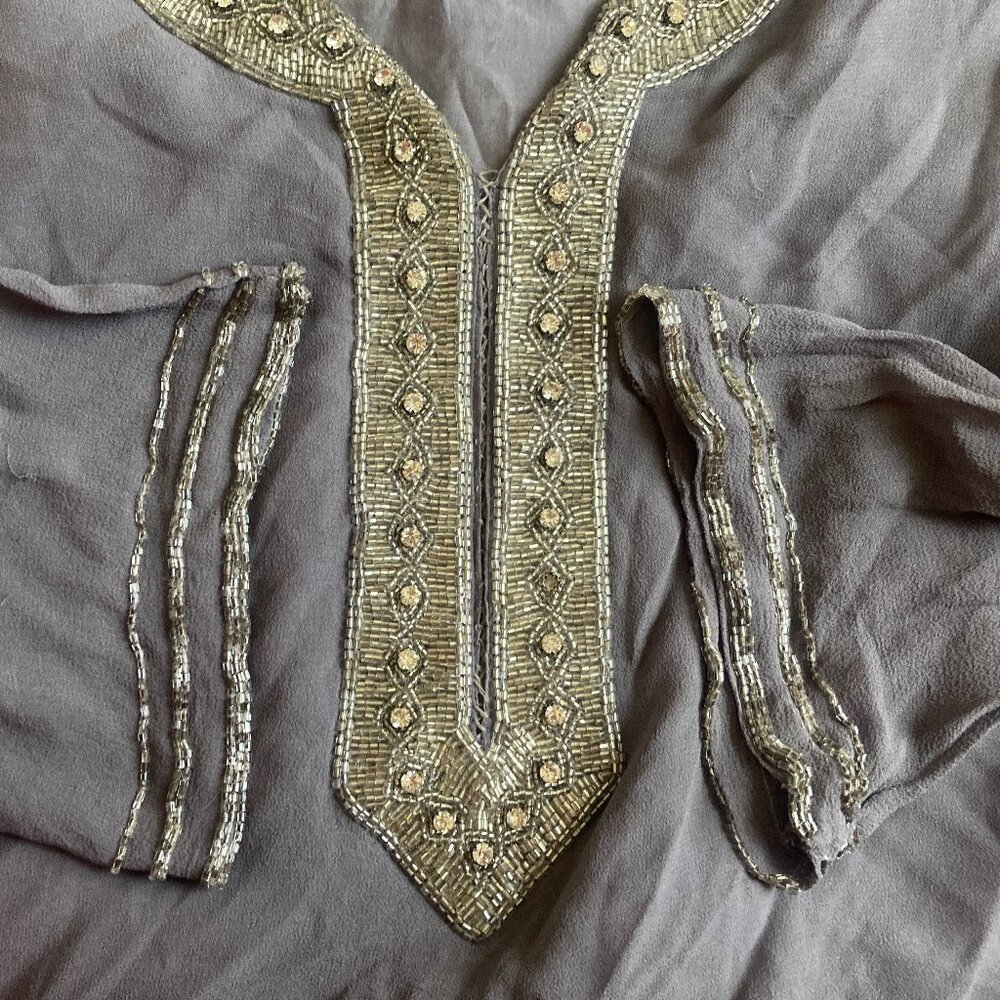 Vintage Tunic Top Silk Beaded Lined Grey Blue size M Holiday New Year Boho
